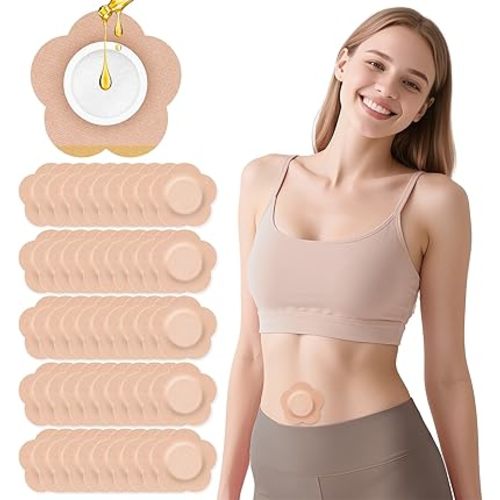 52PCS Castor Oil Patches, Castor Oil Pack Wrap Disposable Organic Cotton Self-Adhesive Pads for Belly Button, Anti Leakage Design, Breathable & Portable, No Wash (Beige)