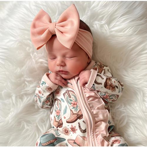 BEST SELLER Western Outfit for Baby Girl Sleeper with Zipper Convertible Hands & Feet Cowboy Print Baby Double Zipper Romper Footed Pajamas