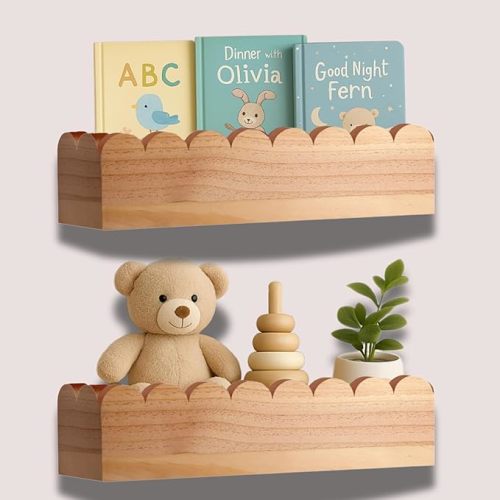 Scalloped Shelves - Set of 2 Pre-Assembled 15.6inch Floating Nursery Book Shelves, Scalloped Book Shelf - Kids Wall Bookshelf, Nursery Decor, Floating Shelves for Wall