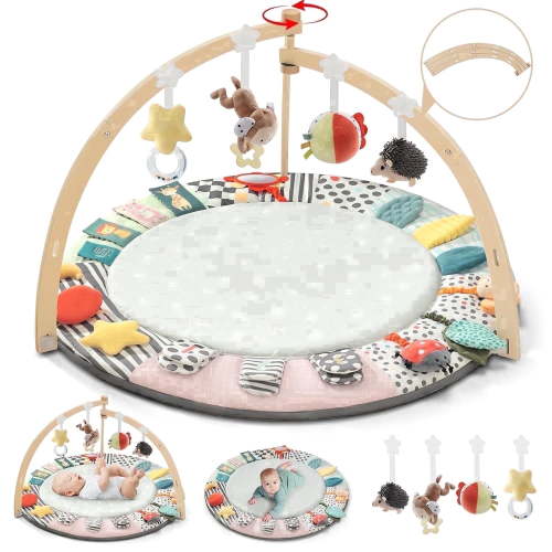 PRVAETU Wooden Baby Gym Play Mat, Foldable Tummy Time Playmat W/ 7 Detachable Toys for Infant Newborn Toddler Motor Skills Sensory Development,Green