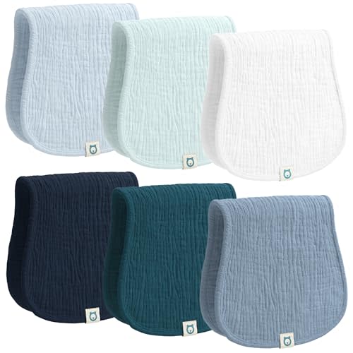 ROMY RO Muslin Burp Cloths Set, 6 Pieces, 100% Organic Cotton Hand Washcloths for Baby Boys and Girls Extra Absorbent and Soft Burping Rags (Blue - Multi Colored)