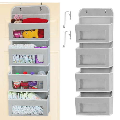 HioHa Over the Door Organizer, 4-Tier Hanging Closet Bathroom Storage with 6 Mesh Side Pockets, Wall Mount Toy Stuffed Animal Storage for Baby Essentials, Nursery, Bedroom, Bathroom, Dorm