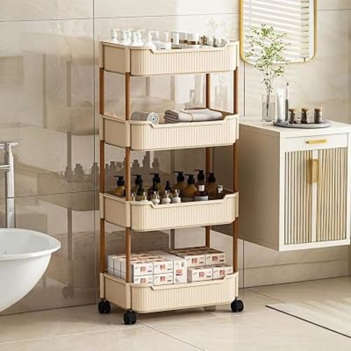 4 Tier Rolling Storage Cart with Wheels, Utility Trolley Snack Cart Shelves