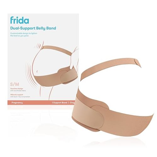 Frida Mom Dual Support Pregnancy Belly Band S/M, Maternity Belly Band with Ultimate Support Back, Hip & Pelvic, Adjustable, Lightweight, Breathable & Comfy, Supports Bump as Baby Grows, Clay