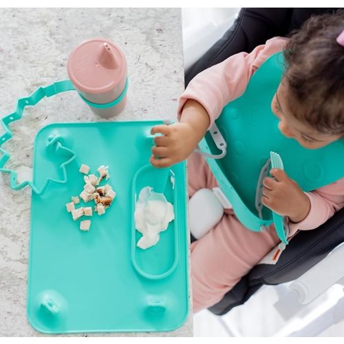 BUSY BABY Silicone Mat - NEW and Improved Suction Cups, 4 Straps to Secure Baby Essentials, Self Feeding, Baby Led Weaning, Travel Sleeve Included (Spearmint)