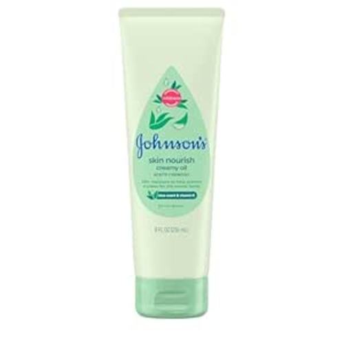 Johnson's Skin Nourish Creamy Oil, Aloe Scent & Vitamin E, Creamy Oil Helps Prevent Dryness & Moisturizes Baby's Delicate Skin for 24 Hours, Hypoallergenic & Non-Greasy, 8 fl. oz