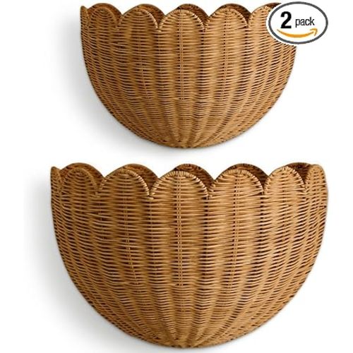 BEBE BASK The Original Scalloped Wicker Wall Basket – Set of 2 – Handwoven Scalloped Wall Baskets (16 x 10 x 7 in), Woven Rattan Wall Hanging Baskets - Mocca Scalloped Basket