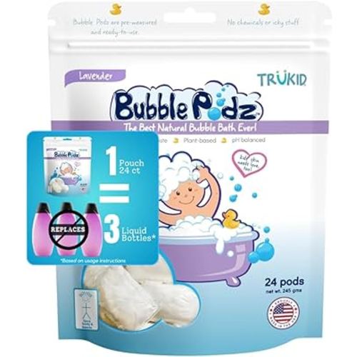 TruKid Bubble Podz for Baby, Refreshing Bubble Bath for Dry, Sensitive & Soft Skin, pH Balanced for Eye Sensitivity, Enriched with Lavender Flower, Lavender Scent, All Natural Ingredients (24 Podz)