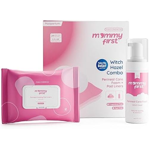 Mommy First® Alcohol Free Witch Hazel Postpartum Healing Foam + Perineal Cooling Liners Bundle | Postpartum Essentials | 24 Witch Hazel Liners + 5oz Foam Spray | Soothe & Heal After Childbirth