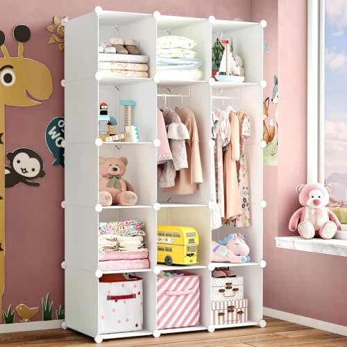 Modular Baby Wardrobe Closet, Portable Children Organizers and Storage for Nursery,15 Cubes with Hanging Rods,Multi-Functional Kids Storage Shelf-Bedroom Clothes Armoire (Boys & Girls)