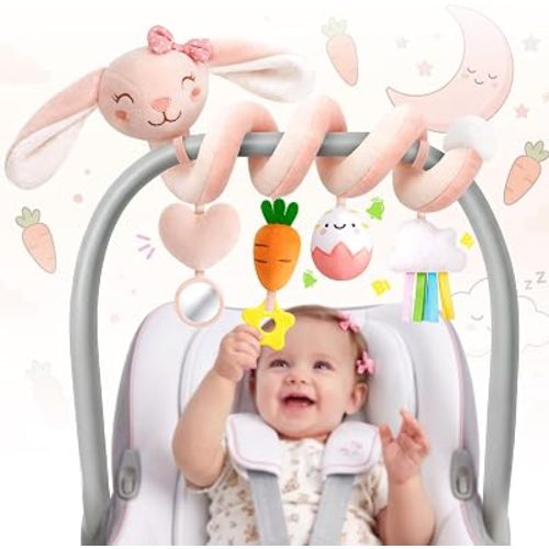 Stuffed Pink Bunny Spiral Car Seat Toys for Baby Girls 0-6 Months, Infant Stroller Toy with Plush Carrot & Star Teether Hanging, Baby Registry Search & Shower Gifts for Newborn Girls
