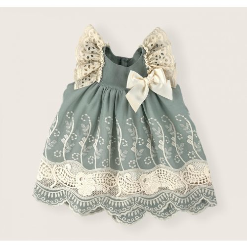 Mint Green Embroidered Gauze Dress With Lace (6M--6Y)