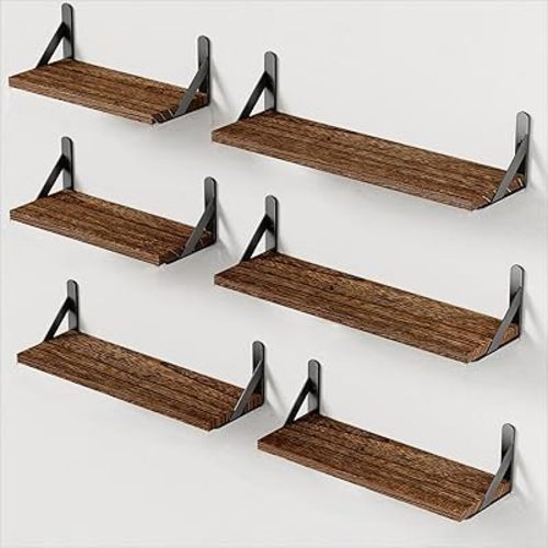 AMADA HOMEFURNISHING Wall Shelves Set of 6, Wood Floating Shelves for Wall Decor, Rustic Farmhouse Wall Shelves for Bedroom, Bathroom Shelves for Wall Storage, Book Shelves for Living Room, Brown