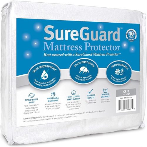 SureGuard Crib Size Mattress Protector - 100% Waterproof, Hypoallergenic - Premium Fitted Cotton Cover - Smooth