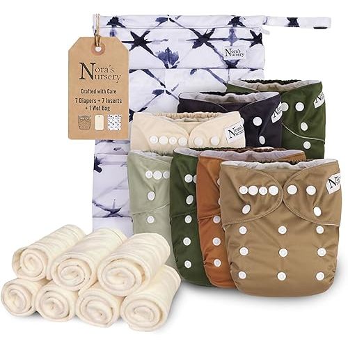 Nora's Nursery Cloth Diapers for Babies (Down to Earth) – 7 Adjustable Baby Reusable Diapers, 7 Inserts & 1 Wet Bag From Newborns to Toddlers – One-Size Pocket No-Leak, Washable Design to Reduce Waste