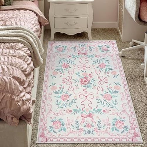 Collive Pink Rugs for Bedroom Girls, 4x6 Floral Washable Area Rug Non Slip, Soft Indoor Decor Elegant Carpet for Kids Room Nursery Living Room Dining Room (Pink 4' x 6')