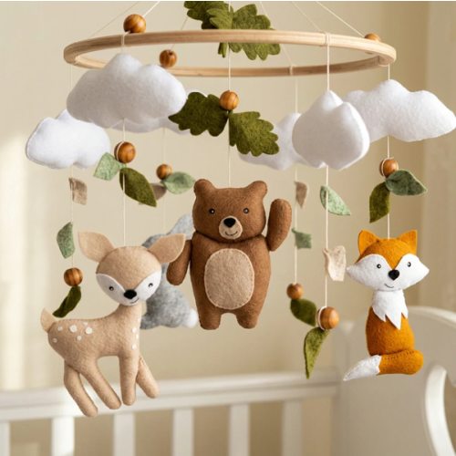 Woodland Baby Mobile Neutral | Forest Animals Baby Mobile with Bear, Deer, Fox & Bunny - Cozybabywear