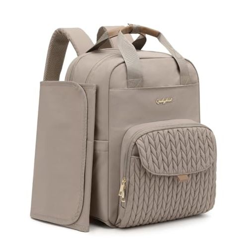 Qualyphant Extra Large Diaper Bag Backpack for Two Kids Twins - Expandable (26-36L) Baby Bag for Mom Girls Boys, Dual Big Compartments - Includes Changing Pad & Stroller Straps, Khaki, Quilted