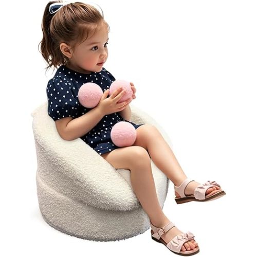 Mini Toddler Chair Comfy 1-2 Years Old - 17.3'' Compact Kids Couch with Carry Handle, Soft Teddy Plush Baby Chair, Washable Cover & Sturdy Design for Nursery & Playroom - White