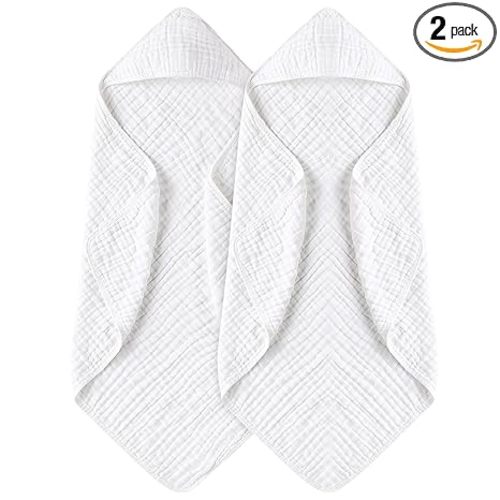 Yoofoss Hooded Baby Towels for Newborn 2 Pack 100% Muslin Organic Cotton Baby Bath Towel with Hood for Babies, Infant, Toddler and Kids, 32x32Inch, Soft and Absorbent Newborn Essential,White-2 Pack