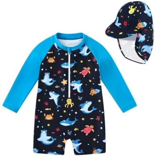 Baby Boy Swimsuit One Piece Long Sleeve Bathing Suit Rash Guard UPF 50+ Sun Protection with Hat 0-24 Months