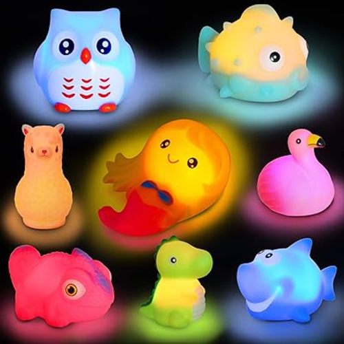 Animal Bath Toy Floating Auto Flashing Early Learning Toy Package with 8 Pcs Dinosaur Shark Flamingo Mermaid Etc Bathtub Shower Set Gift for Kids&Pets
