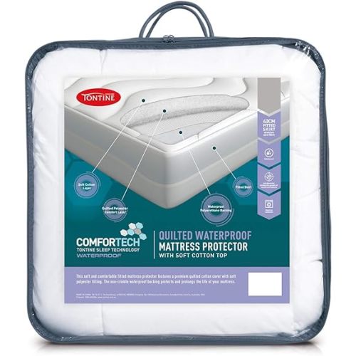 Tontine Comfortech Quilted Waterproof Mattress Protector, Queen – Soft Cotton Cover with Anti-Bacterial Treated Filling – Waterproof Backing and 50cm Fitted Skirt – Machine Washable