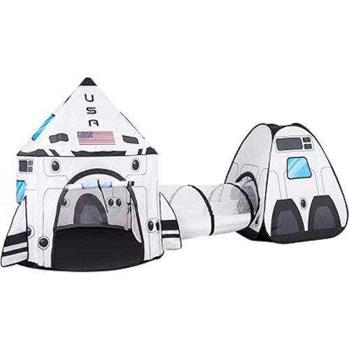 JOYIN White Rocket Ship Pop up Play Tent with Tunnel and Playhouse Kids Indoor Outdoor Spaceship Tent Set