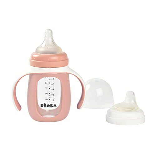 BEABA 2-in-1 Glass Baby Bottle to Glass Transition Sippy Cup, Spill Proof Sippy Cup, Toddler Baby Bottle with Soft Silicone Nipple and Spout, 7 oz (Rose)