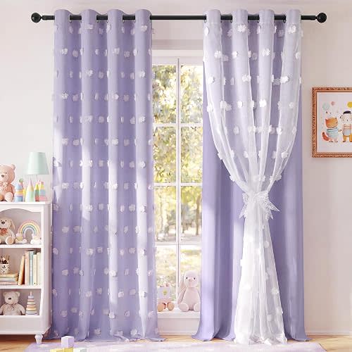 RYB HOME Purple Pom Pom Curtains, Double Layer Blackout Drapes