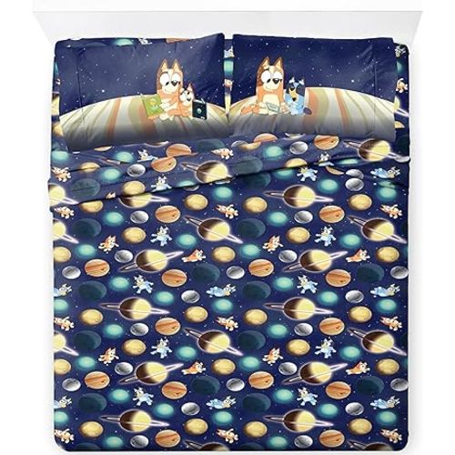 Jay Franco Kids Sheet Set with Fitted, Flat Sheets & Pillow Cover - Ultra-Soft Bedding with Pillowcase for Room Decor, Blue - Bluey & Bingo, 4 Piece Full