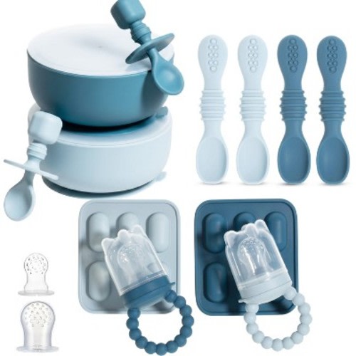 Silicone Baby Feeding Set, Baby Suction Bowls with Lids, 4-Pack Led Weaning Feeding Spoon , and Silicone Baby Fruit Feeders, Freezer & Dishwasher Safe