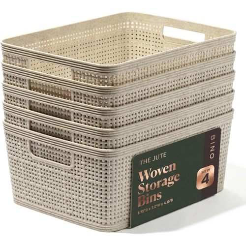 BINO | Woven Plastic Basket | Small (Natural), 5-Pack | THE JUTE COLLECTION | Home Organization, Space - Saving Storage, Stylish Design | Jute Basket | Plastic Storage Basket