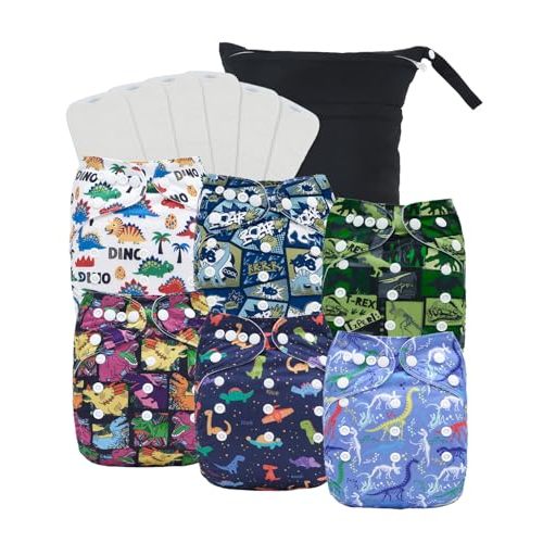babygoal Reusable Cloth Diapers 6 Pack with 6 Inserts & Wet Bag, Washable Pocket Nappy Starter Kit, Baby Boy Diapers with Rayon from Bamboo Inserts