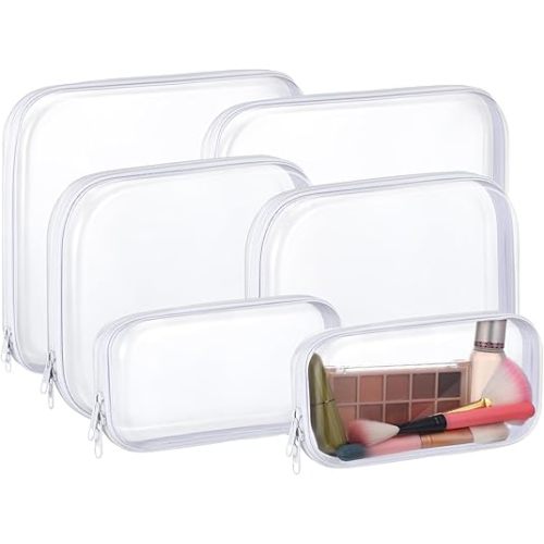 Hoolerry 6 Pcs Hard Clear Zipper Case Transparent Zipper Hard Pouch for Snacks Makeup Bag Plastic Cosmetic Bag Portable Travel Organizer for Makeup Storage(White,Big,Medium,Small)