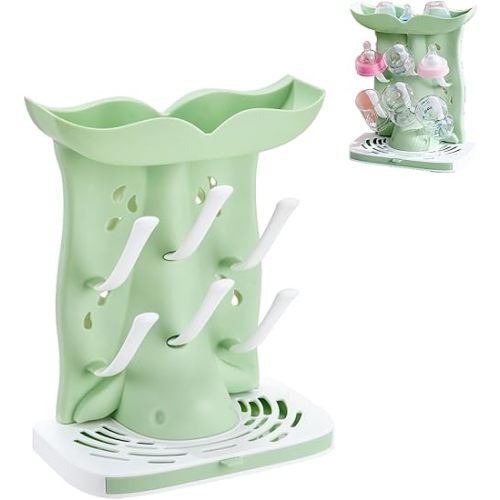 PandaEar Baby Bottle Drying Rack, Countertop Vertical Baby Bottle Rack, Detachable Travel Cup Dryer Rack, Space Saving Standing Seche Biberon Bebe for Accessories, Green