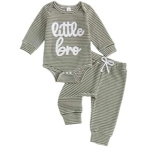 Newborn Infant Baby Boy Clothes Little Bro Embroidery Waffle Cotton Long Sleeve Romper Pants Fall Winter Outfits