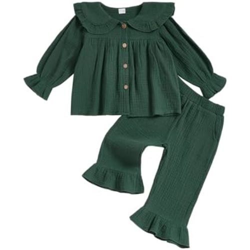 Gueuusu Toddler Girls Linen Outfit Peter Pan Long Sleeve Button Up Shirt Ruffle Pants Set Baby Girl Baptism Photoshoot Outfit