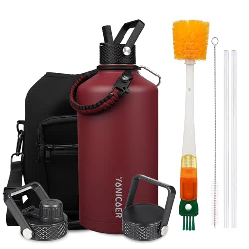Insulated Water Bottle 128oz,Triple Wall Vacuum Stainless Steel(Dishwasher Safe),Leak Proof & Non-BPA,Flask Jug with Paracord Handle & Straw Spout Lids Sports Red