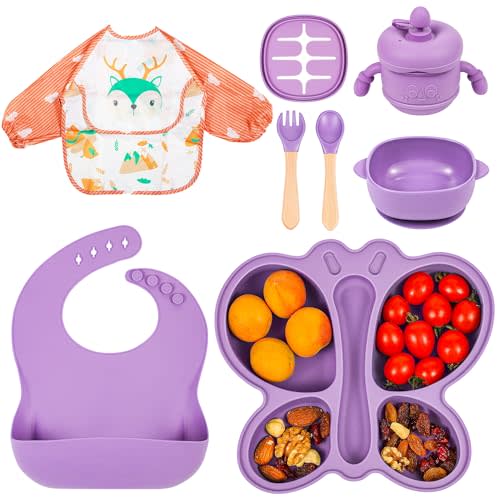 Silicone Baby Feeding Set, Baby Led Weaning Supplies, Silicone Suction Butterfly Plate, Bowl, Spoons, Fork and Waterproof Bib & Cloth Bib, Eating Utensils Baby Feeding Essentials (Purple)