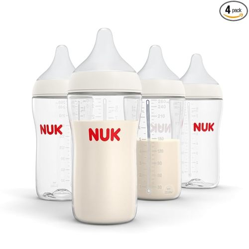 NUK Perfect Match 2-in-1 Natural and Anti-Colic Bottle with Medium Flow, Wide, Adaptable Nipple, 8oz., 4 Pack, BPA Free