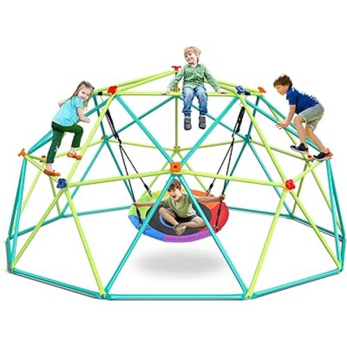 Hapfan 10 ft Climbing Dome Swing Set with Saucer Swing, Jungle Gym for Kids Outdoor Backyard, Supports 800lbs, Easy Asssembly, Rust-Resistant Outdoor Playset for Ages 3-8 8-12