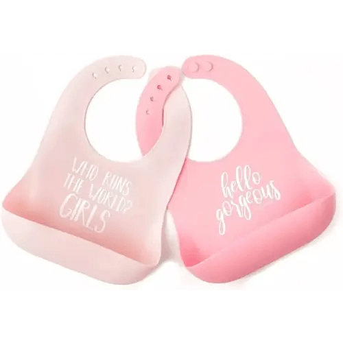 Baby Bib for Eating by Bella Tunno, Set of 2 Waterproof Silicone Bibs with Large Food Catcher, Adjustable Fit for Babies 4-12 months & Toddlers 1-3 Years, Boys & Girls, Who Runs The World & Gorgeous