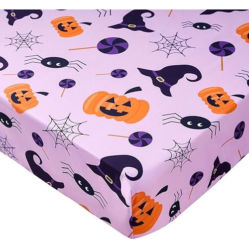 Halloween Baby Crib Sheets for Boys Girls 52 x 28 Inches Pumpkin Fitted Crib Sheet for Standard Crib and Toddler Mattress,Baby Sheet Newborn Bedding Nursery Mattress Cover,Purple