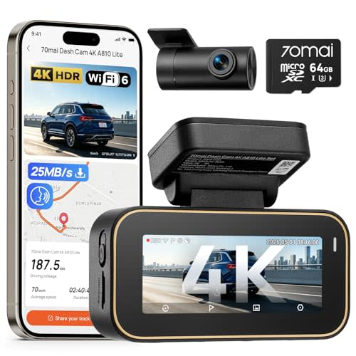 70mai A810 Lite 4K Dash Cam Front and Rear, 5GHz Wi-Fi 6 DashCam, Car Camera 4G LTE Remote Access, GPS Tracking, HDR Night Vision, 24H Parking Mode, Voice Control, Emergency Lock
