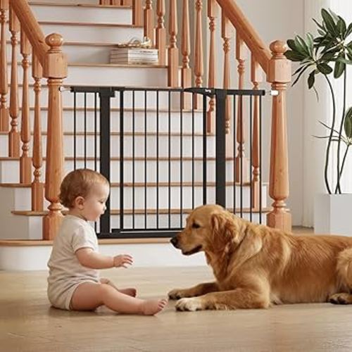 keny 29.7"-46" Baby Gate for Stairs, Auto Close Dog Gates for Doorways, Pressured Mounted No Drilling Pet Gate Extra Wide, One-Hand Opening Dual Lock Stair Gate, Indoor Kids Necessities, Black