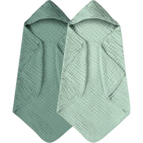 Yoofoss Hooded Baby Towels for Newborn 2 Pack 100% Muslin Organic Cotton Baby Bath Towel with Hood for Babies, Infant, Toddler and Kids, 32x32Inch, Soft and Absorbent Newborn Essential, Gradient Green