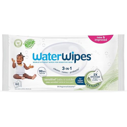 WaterWipes Sensitive+ Baby & Toddler Wipes, 3-In-1 Cleans, Cares, Protects, 99.9% Water, Textured Clean, Unscented & Hypoallergenic, 540 Count (Pack of 9)