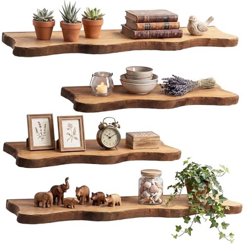Pinkunn 4 Pcs Floating Shelves for Wall Wooden Live Edge Shelf Wall-Mounted Natural Solid Wood Bedroom Kitchen Storage Living Room Nursery Decor(4 Pcs,23.62/35.43 Inch)