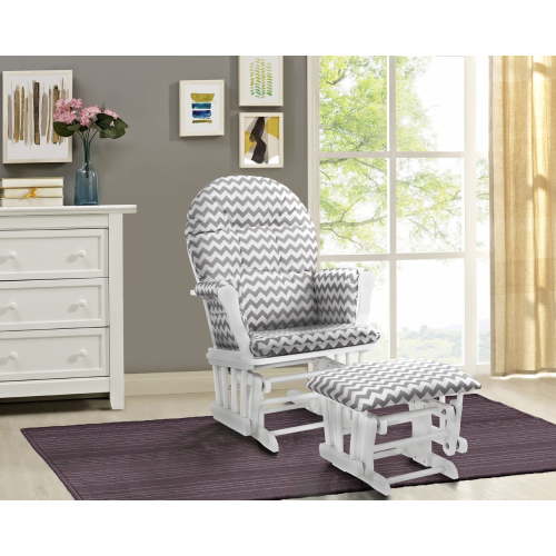 Angel Line Windsor Glider and Ottoman, White Finish with Gray Chevron Cushions